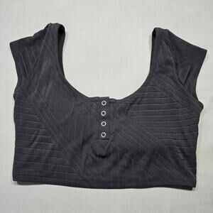 Aerie Black Crop Top Shirt Snap Up Scoop Neck Short Cap Sleeve Women Size M Pads